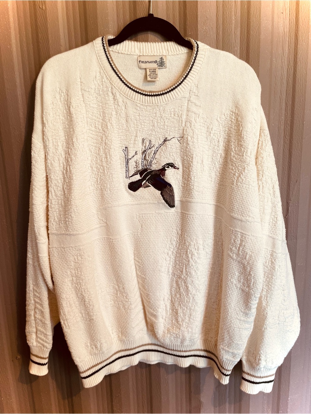 VTG 90s Fieldmaster Men’s Wood Duck Sweater Textured Cotton USA Ivory Preppy XL - Picture 2 of 10